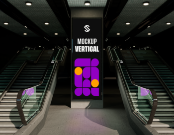 Destaque seu projeto com esta maquete de outdoor vertical estrategicamente posicionada entre duas escadas rolantes.