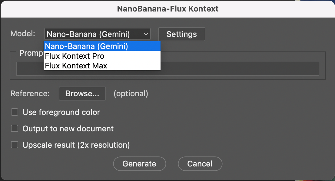 Nano Banana & Flux Kontext — AI Script para o Photoshop